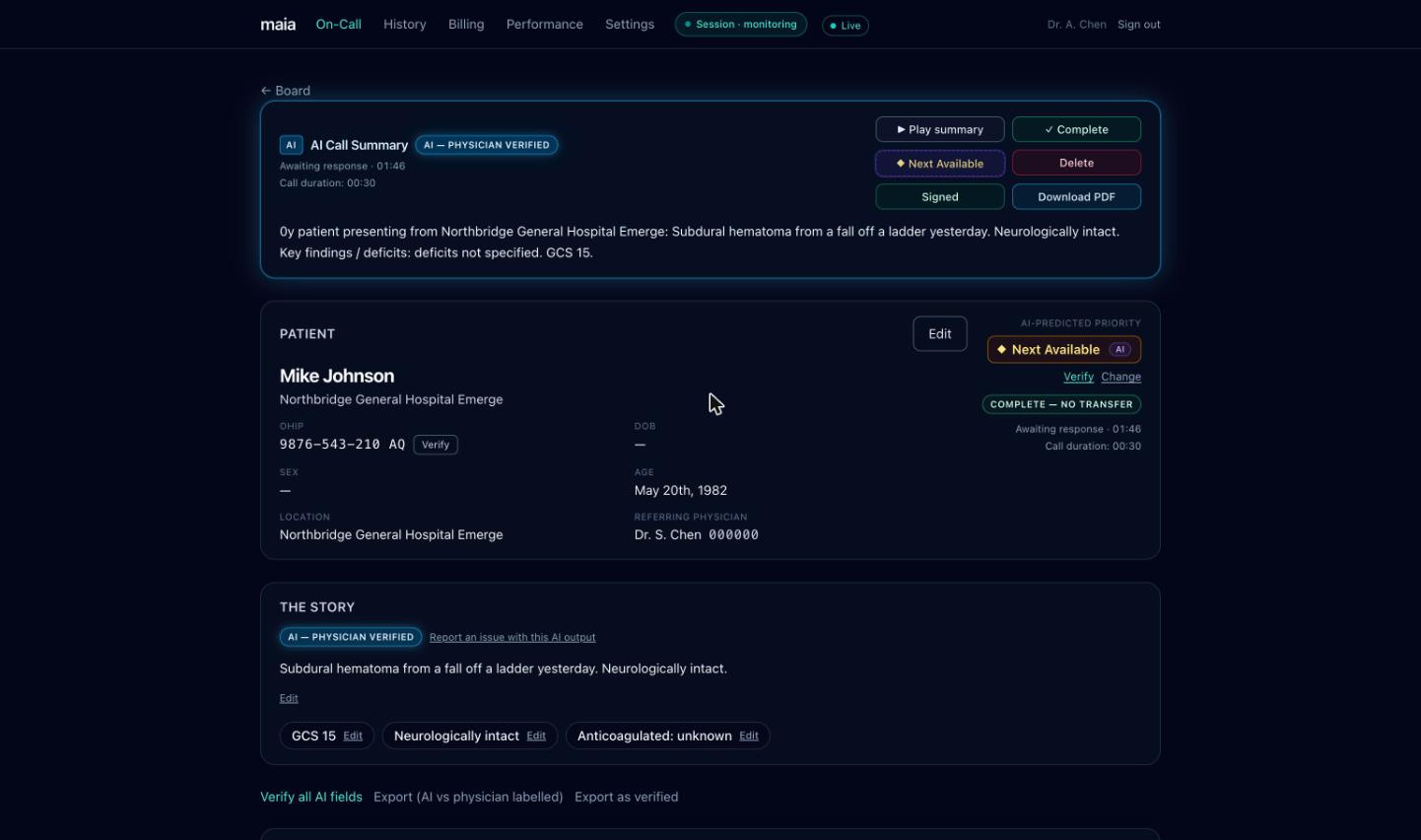 mAia case view with AI call summary, patient identifiers, the clinical story, and an AI-predicted priority awaiting physician verification