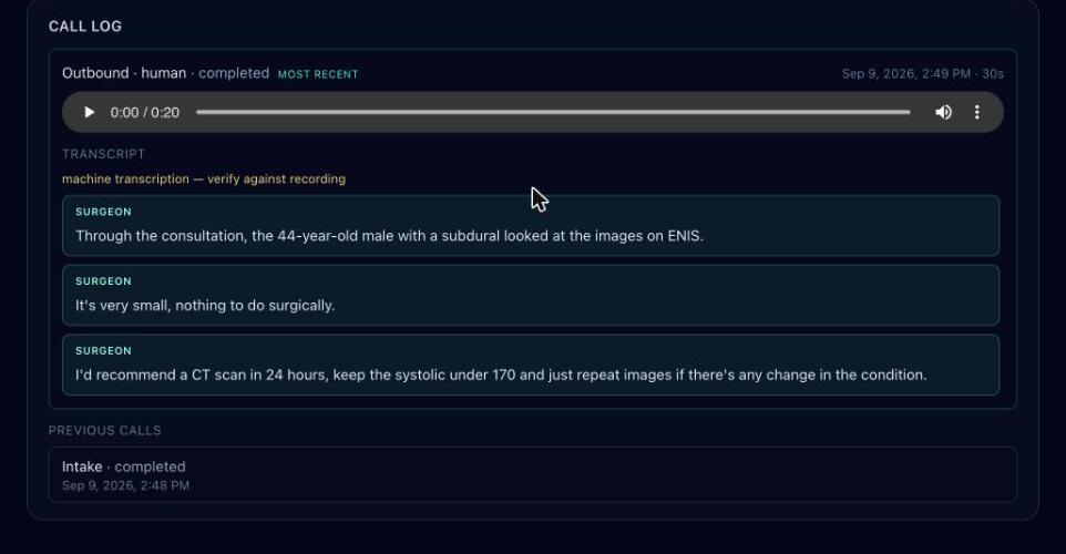 Call log with the recorded outbound callback and its machine transcription