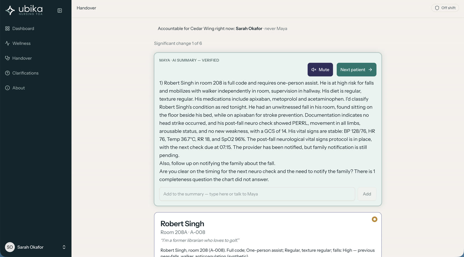 NursingTOA handover screen with an AI-prepared summary marked verified, correction box, and next patient control